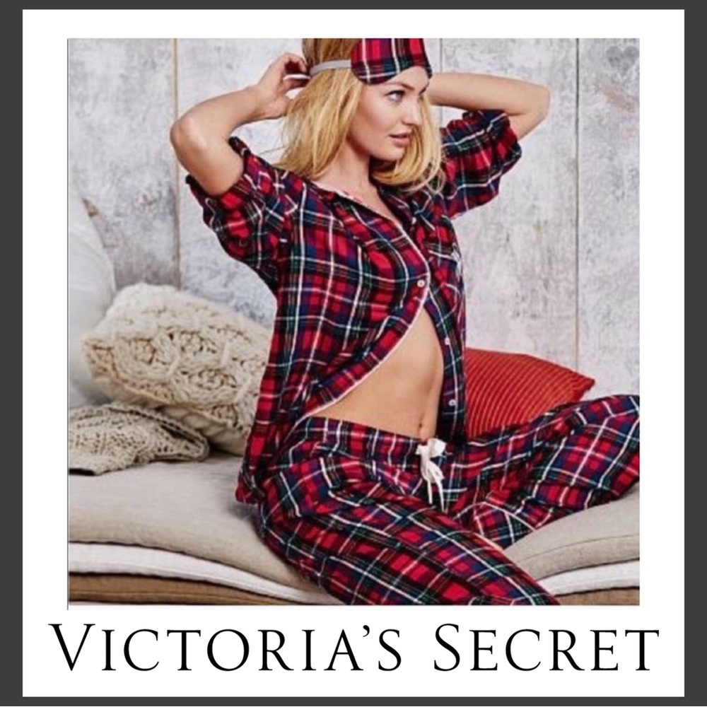 Victoria’s Secret Holiday Tinsel Red Black White Plaid Soft Flannel Sleep Set M
